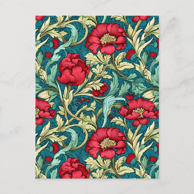William Morris Inspired Red Flowers Pattern Postcard (Front)
