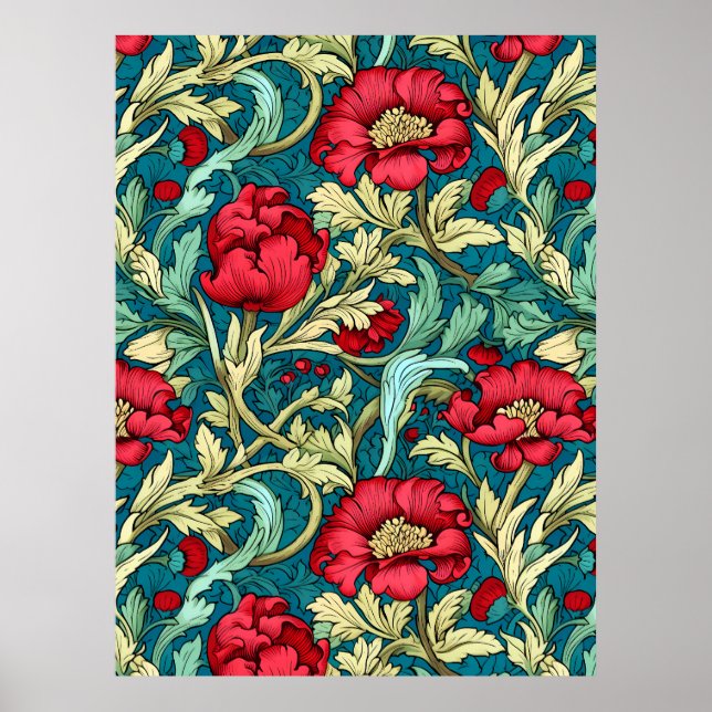 William Morris Inspired Red Flowers Pattern Poster (Front)