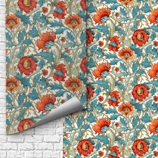 William Morris inspired terracotta pastel blue Wallpaper