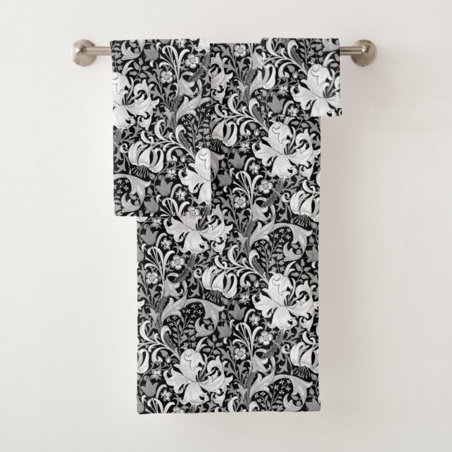 William Morris Iris and Lily, Black and White Bath Towel Set (Insitu)