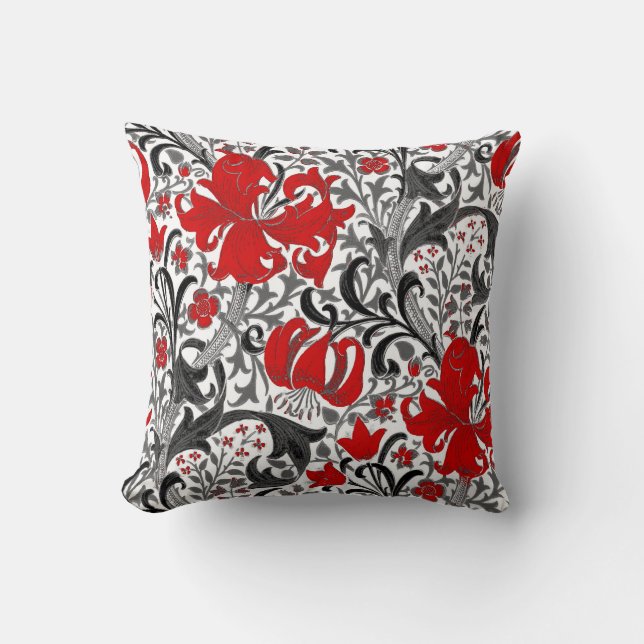 William Morris Iris and Lily, Black, White and Red Cushion (Front)