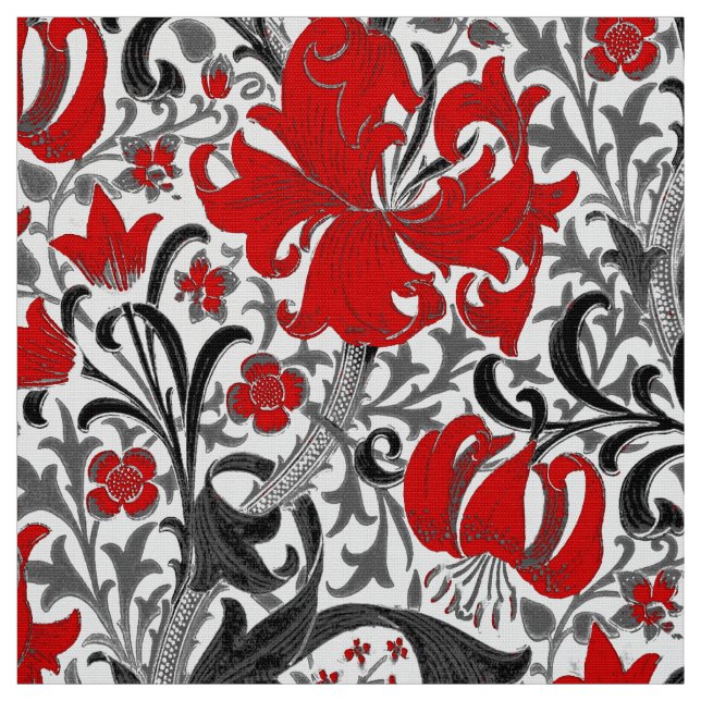 William Morris Iris and Lily, Black, White and Red Fabric (Swatch)