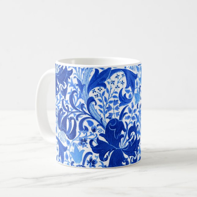 William Morris Iris and Lily, Cobalt Blue Coffee Mug (Front Left)
