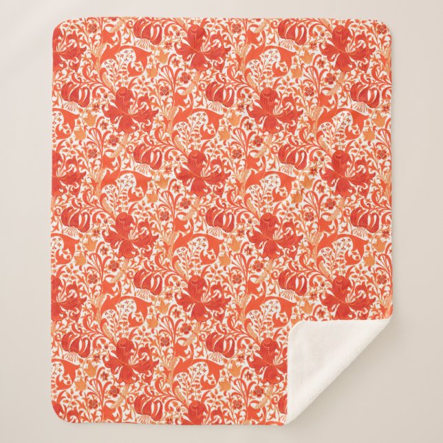 William Morris Iris and Lily, Mandarin Orange Sherpa Blanket (Front)