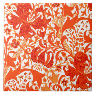 William Morris Iris and Lily, Mandarin Orange Tile
