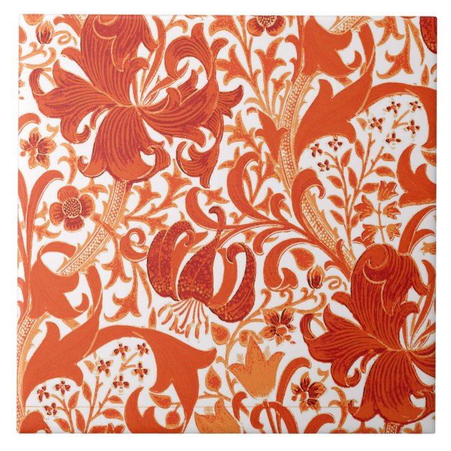 William Morris Iris and Lily, Mandarin Orange Tile (Front)