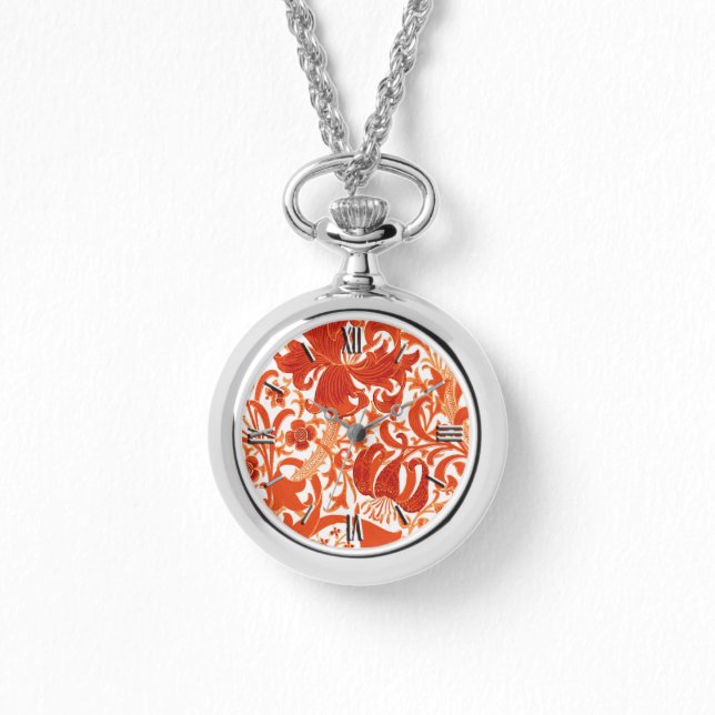 William Morris Iris and Lily, Mandarin Orange Watch (Front)
