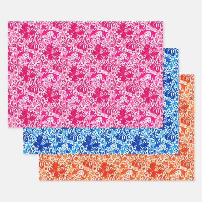 William Morris Iris and Lily, Pink, Blue, Orange Wrapping Paper Sheet (Set)