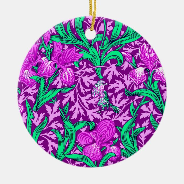 William Morris Irises, Amethyst Purple  Ceramic Tree Decoration (Front)
