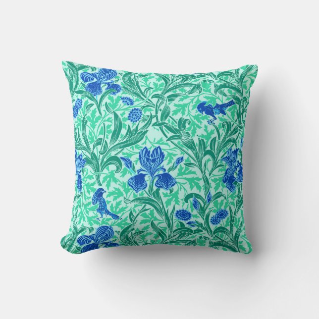 William Morris Irises,Cobalt Blue, Aqua and Teal Cushion (Front)
