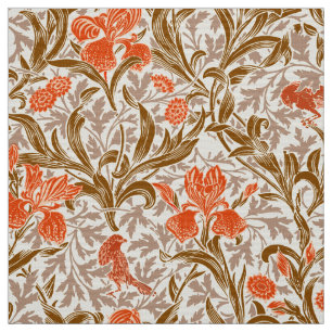 William Morris Irises, Coral Orange, Brown & Beige Fabric