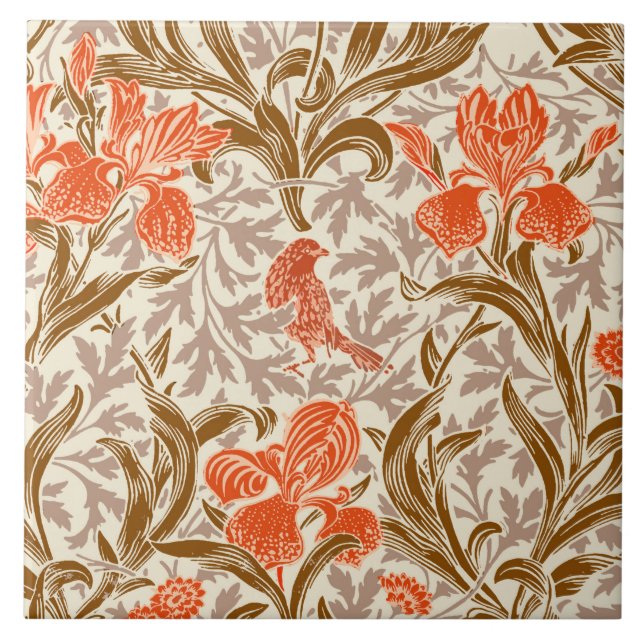 William Morris Irises, Coral Orange, Brown & Beige Tile (Front)