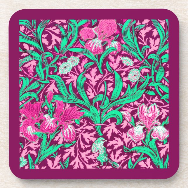William Morris Irises, Fuchsia Pink and Wine Coaster (Front)