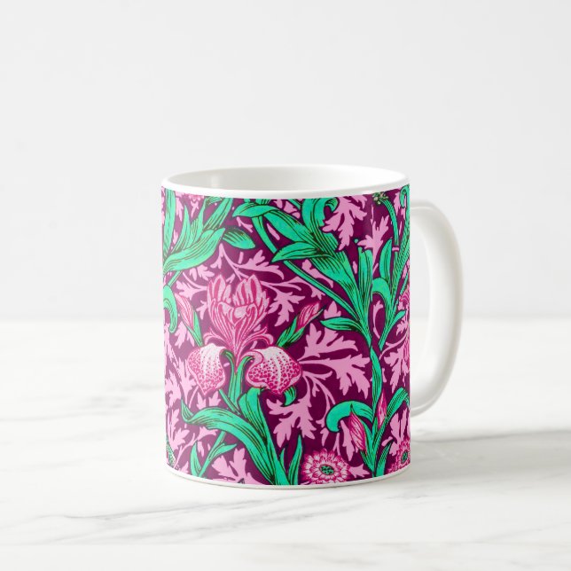 William Morris Irises, Fuchsia Pink and Wine Coffee Mug (Front Right)