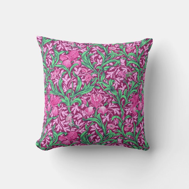 William Morris Irises, Fuchsia Pink and Wine Cushion (Front)