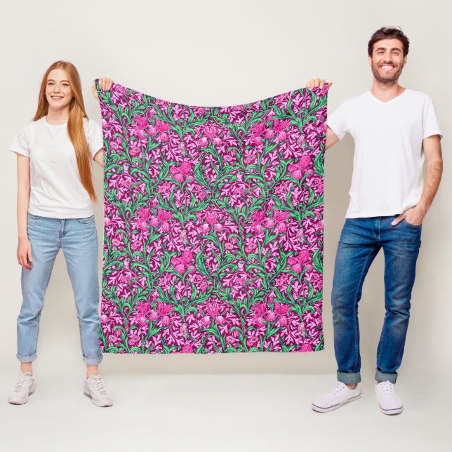 William Morris Irises, Fuchsia Pink and Wine Fleece Blanket (In Situ)