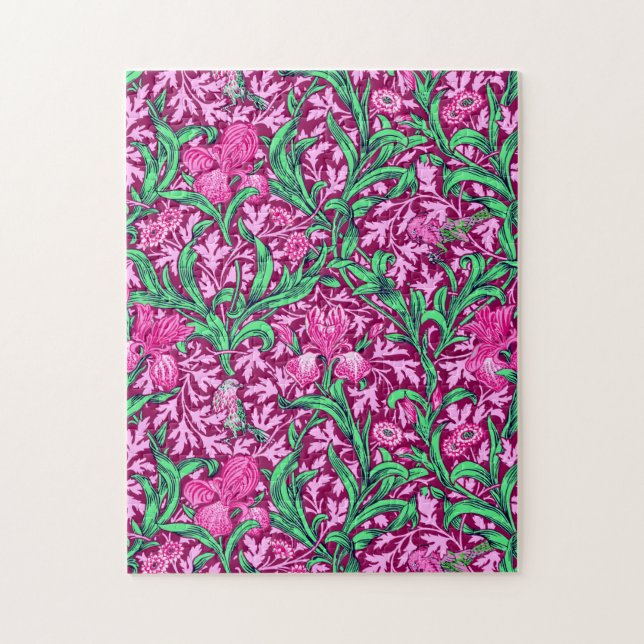 William Morris Irises, Fuchsia Pink and Wine Jigsaw Puzzle (Vertical)