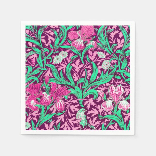 William Morris Irises, Fuchsia Pink and Wine Napkin (Front)