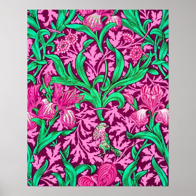 William Morris Irises, Fuchsia Pink and Wine Poster (Front)