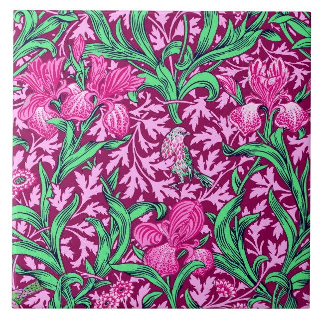 William Morris Irises, Fuchsia Pink and Wine Tile (Front)