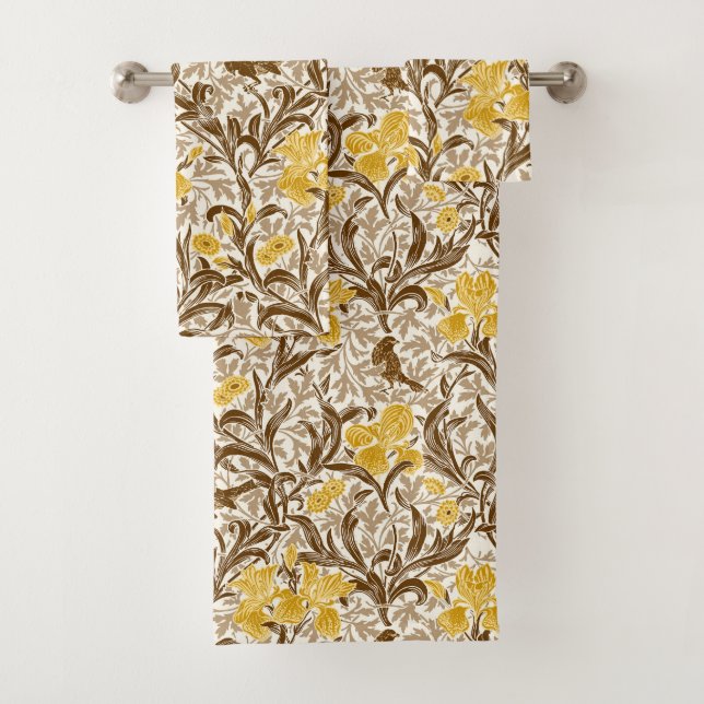 William Morris Irises, Mustard Gold, Brown & Beige Bath Towel Set (Insitu)
