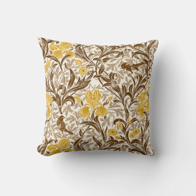 William Morris Irises, Mustard Gold, Brown & Beige Cushion (Front)