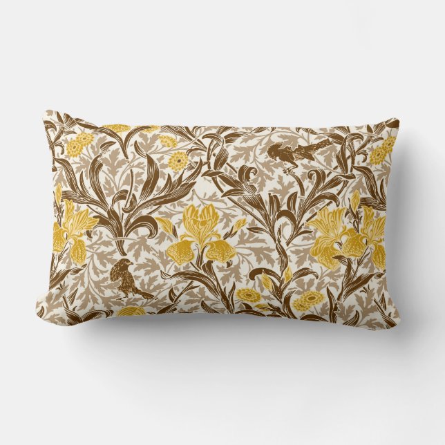 William Morris Irises, Mustard Gold, Brown & Beige Lumbar Cushion (Front)