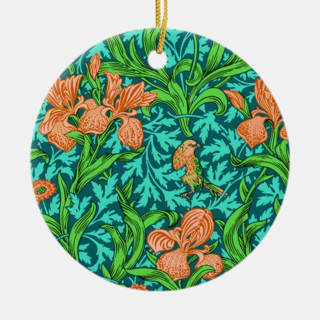 William Morris Irises, Orange and Turquoise   Ceramic Tree Decoration (Front)