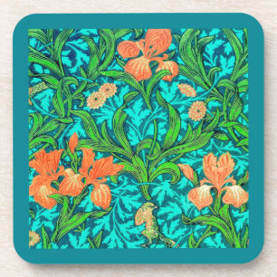 William Morris Irises, Orange and Turquoise Coaster