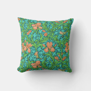 William Morris Irises, Orange and Turquoise Cushion