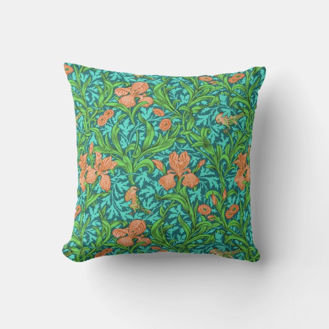 William Morris Irises, Orange and Turquoise Cushion (Front)