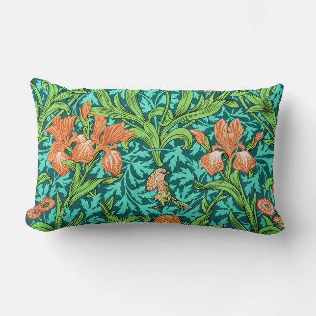 William Morris Irises, Orange and Turquoise Lumbar Cushion (Front)