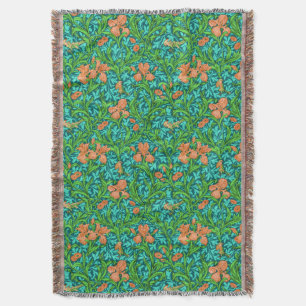 William Morris Irises, Orange and Turquoise Throw Blanket