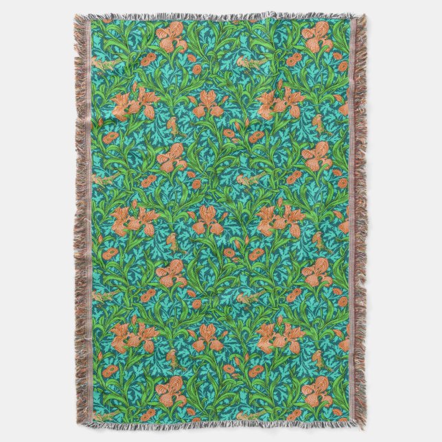 William Morris Irises, Orange and Turquoise Throw Blanket (Front Vertical)