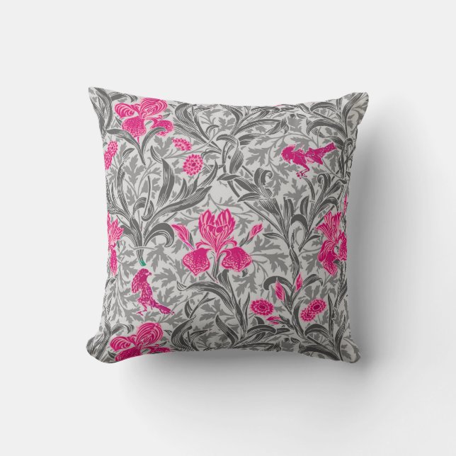 William Morris Irises, Pink and Silver Gray / Grey Cushion (Front)