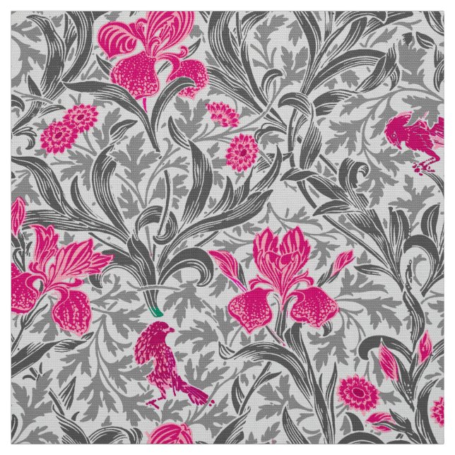 William Morris Irises, Pink and Silver Gray / Grey Fabric (Swatch)