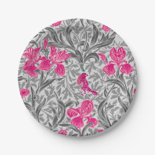 William Morris Irises, Pink and Silver Gray / Grey Paper Plate