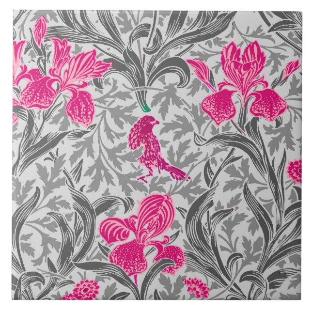 William Morris Irises, Pink and Silver Gray / Grey Tile (Front)