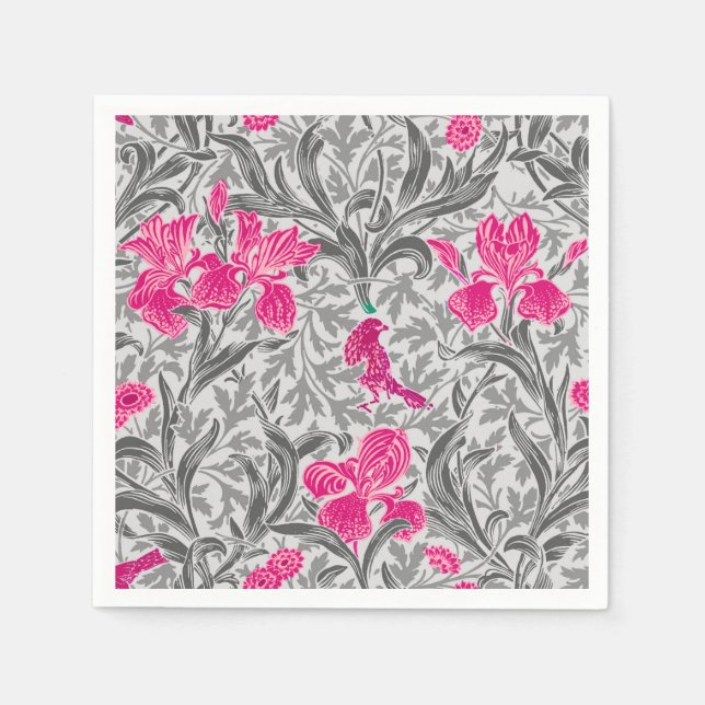 William Morris Irises, Pink and Silver Grey / Grey Napkin (Front)