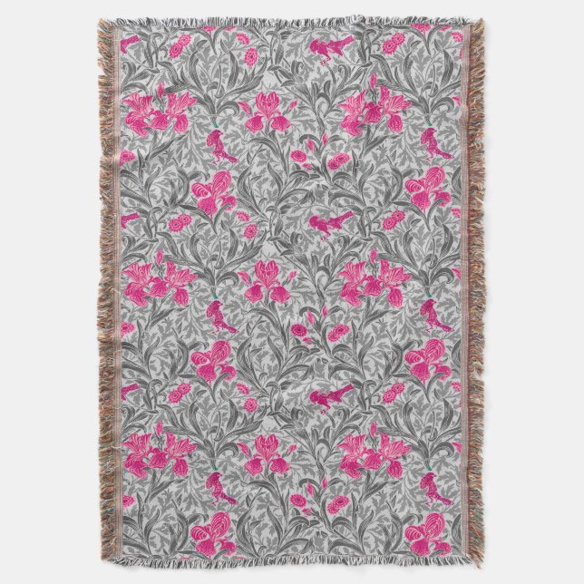 William Morris Irises, Pink and Silver Grey / Grey Throw Blanket (Front Vertical)