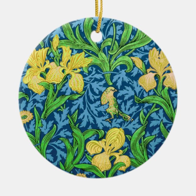 William Morris Irises, Yellow and Cobalt Blue    Ceramic Tree Decoration (Front)