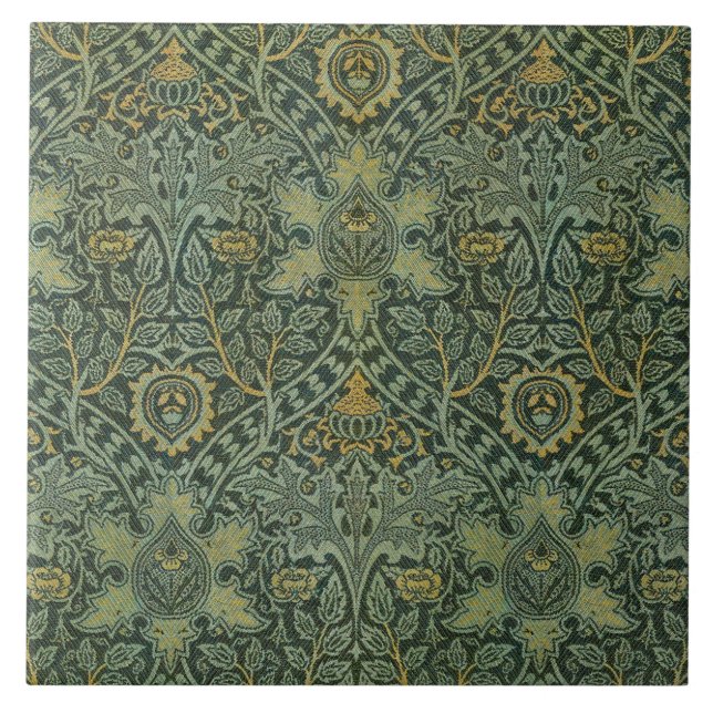 William Morris Ispahan Teal Green Floral Art Tile (Front)