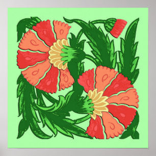 William Morris Jacobean, Coral Orange and Green Poster