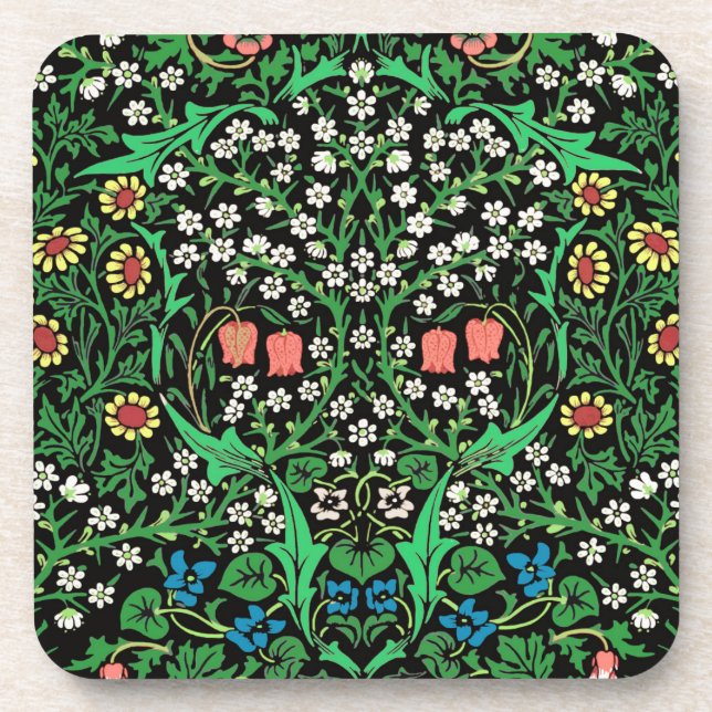 William Morris Jacobean Floral, Black Background  Coaster (Front)