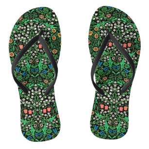 William Morris Jacobean Floral, Black Background Jandals