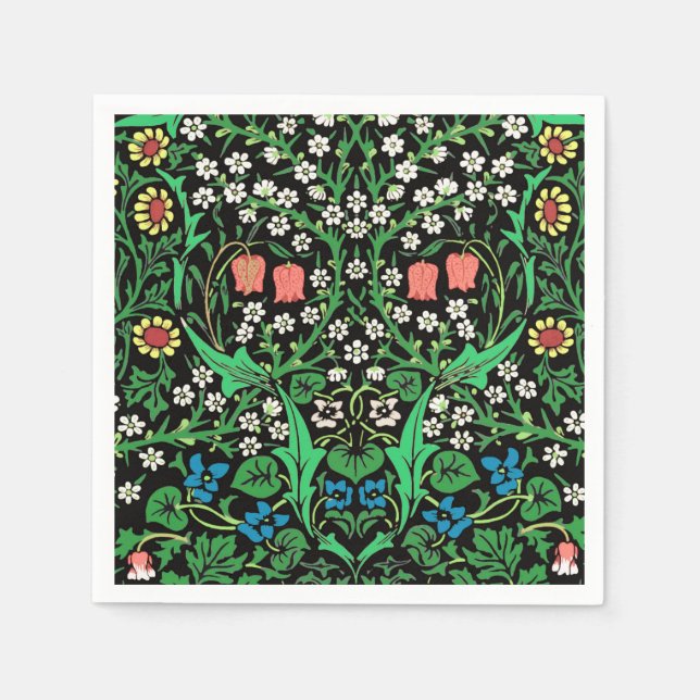 William Morris Jacobean Floral, Black Background Napkin (Front)