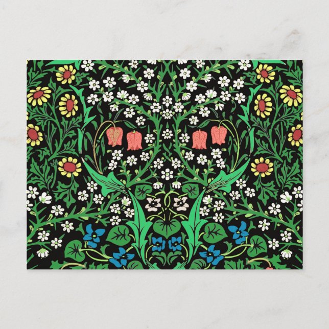 William Morris Jacobean Floral, Black Background Postcard (Front)
