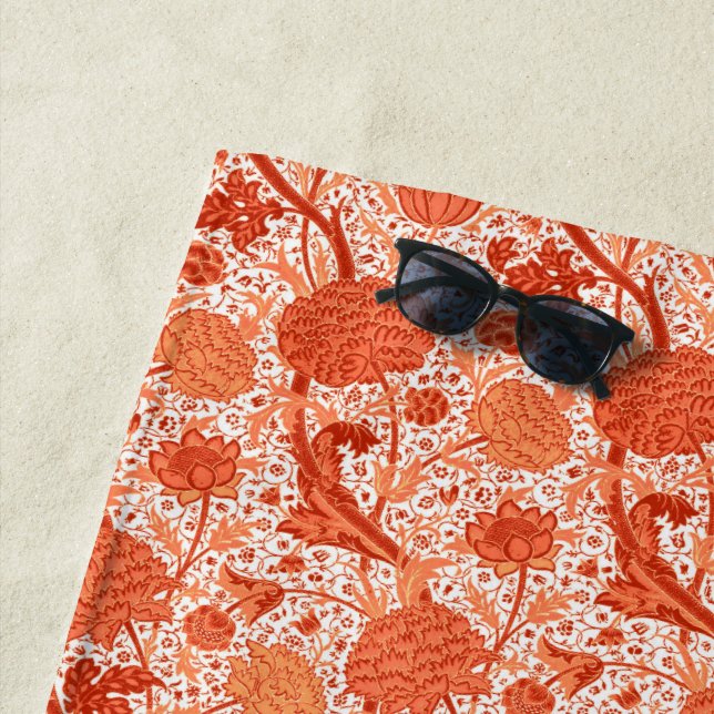 William Morris Jacobean Floral, Coral Orange Beach Towel (In Situ)