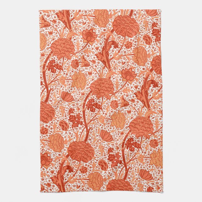 William Morris Jacobean Floral, Coral Orange Tea Towel (Vertical)