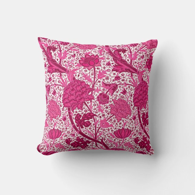 William Morris Jacobean Floral, Fuchsia Pink Cushion (Front)